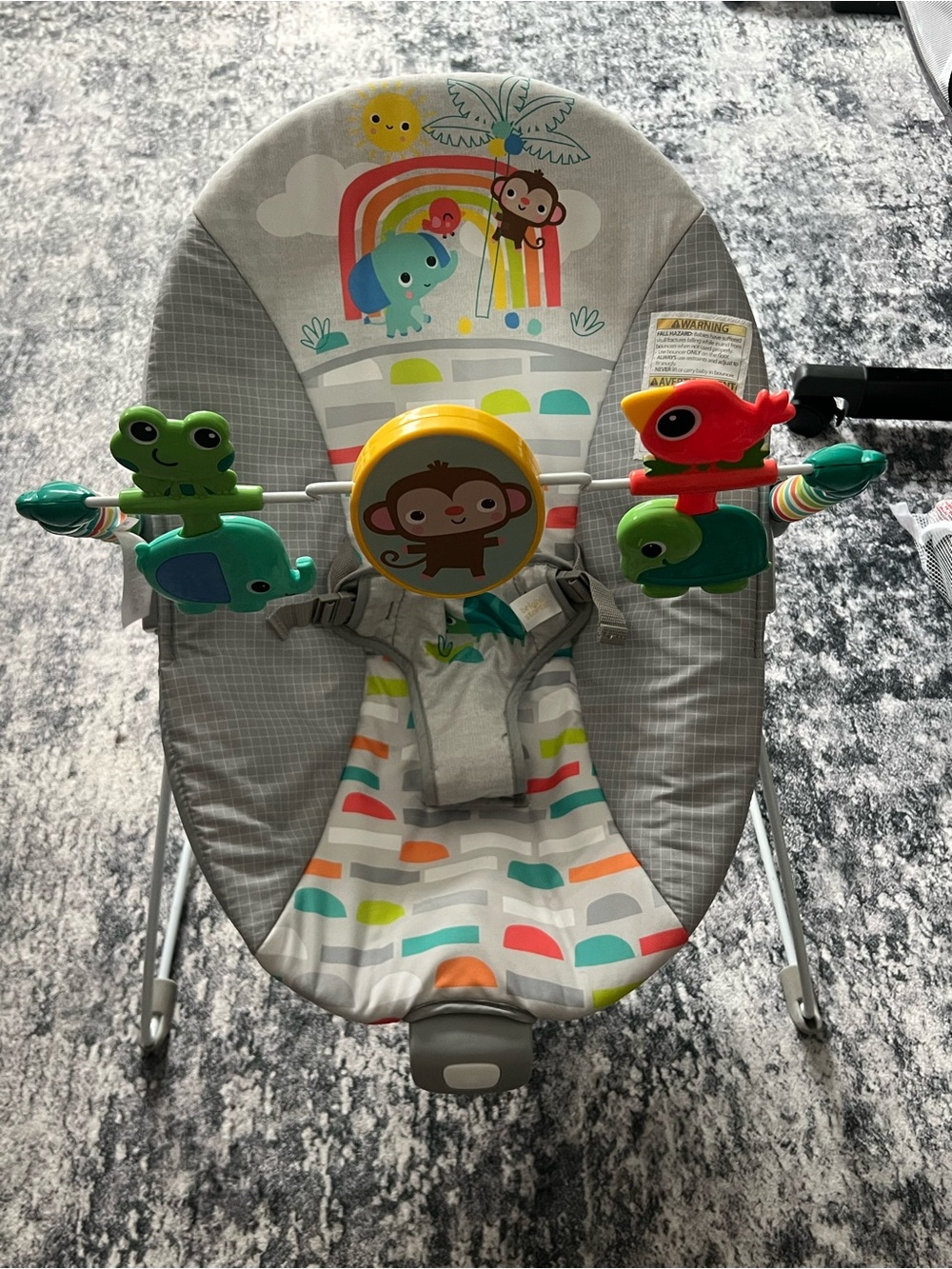 Gray and Multicolor Baby Bouncer with Animal Toy Bar